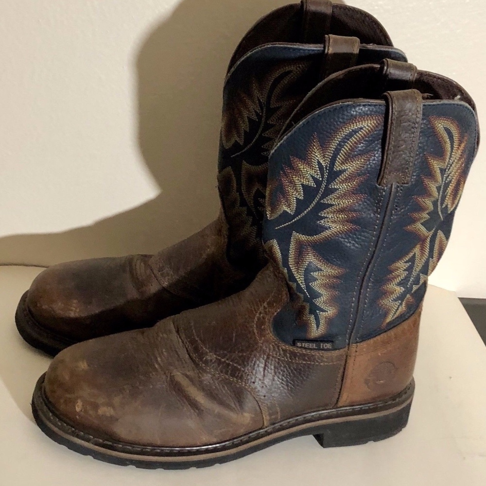 JUSTIN STAMPEDE BROWN & BLUE LEATHER ROUND TOE